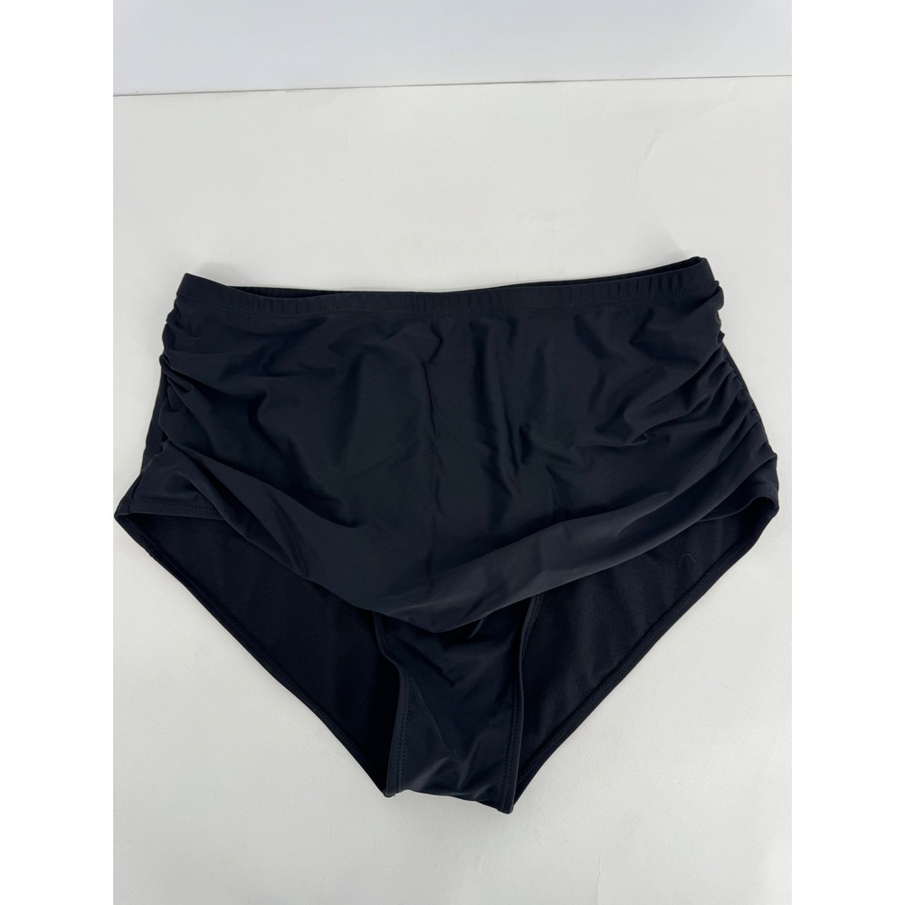 Womens High Waisted Ruched Swim Bottoms Black Tummy Control Bikini Briefs Sz XXL